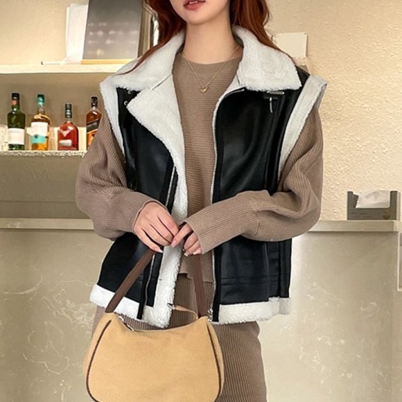 . Jackets & Blazers - Black And White Boho Womens Contrast Trim Zip Up PU Vest Coat